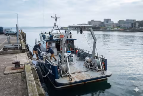 Research vessel at dock, sampling equipment on deck — Facility imagery.