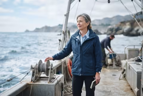 Senior faculty member on a research vessel deck, coastal background — Person `main_image`, faculty/leadership.